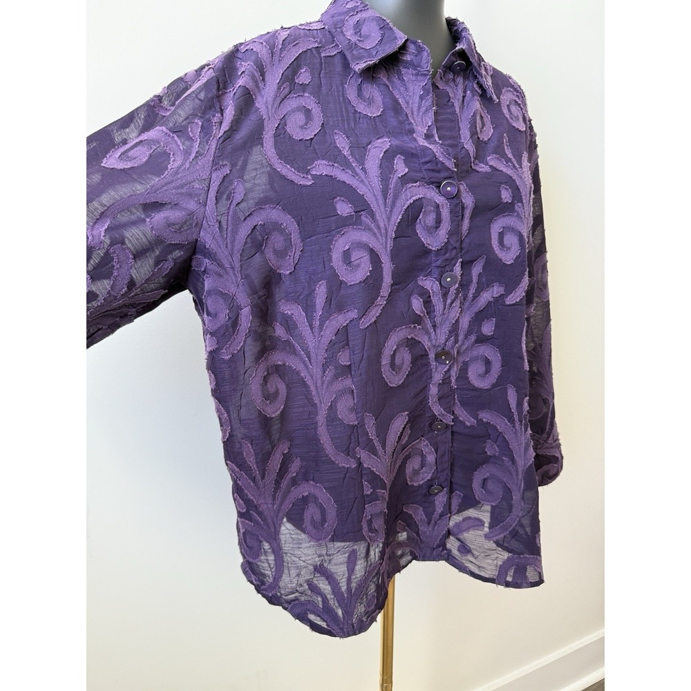 Coldwater Creek Women's XL (18) Purple Sheer Embroidered Button-up Blouse Plus - Picture 4 of 14